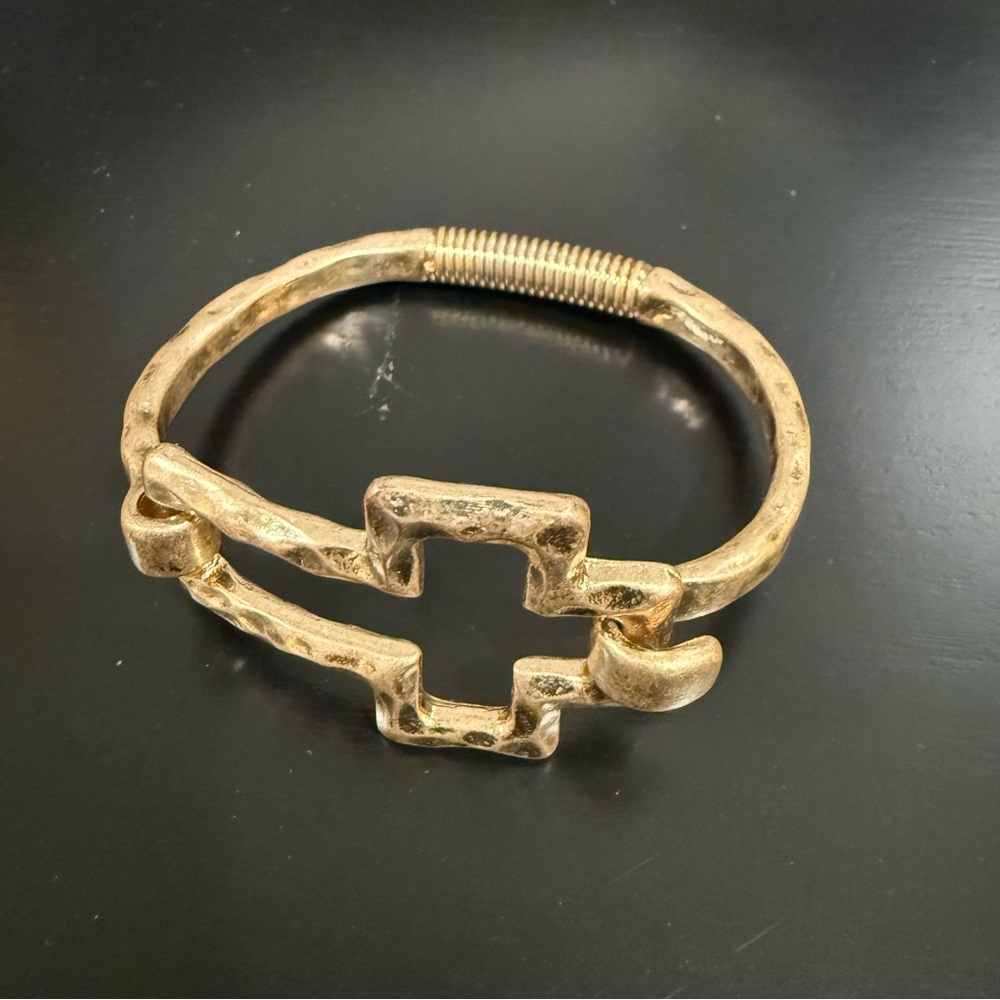 Cross Hammered Gold tone Coil Cuff Bracelet